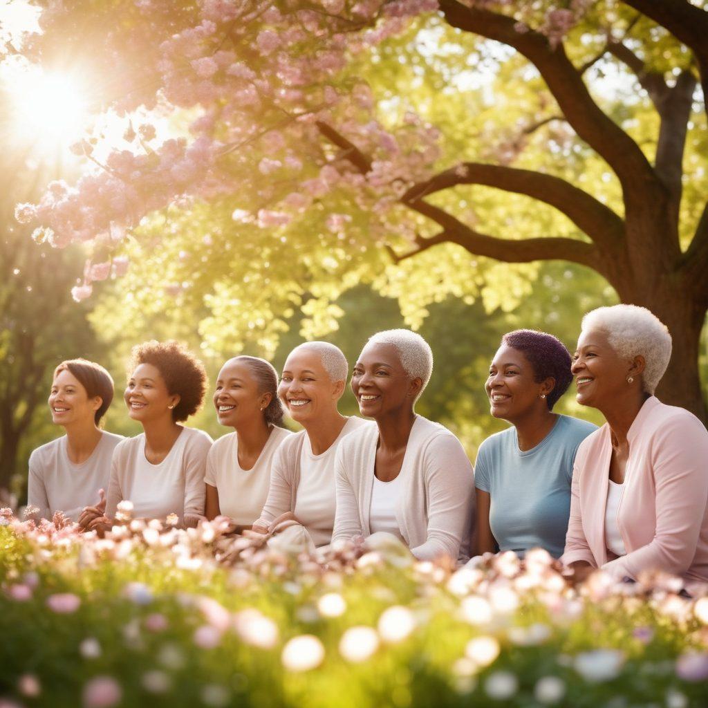 A diverse group of smiling cancer survivors sharing stories in a sunlit park, surrounded by blooming flowers symbolizing hope and resilience. In the background, soft silhouettes of supportive friends and family depicting a strong community bond. The scene conveys warmth, empathy, and encouragement, with gentle rays of sunlight filtering through the trees. vibrant colors. 3D. soft focus.