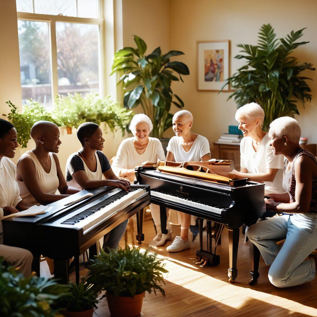 A warm and inviting scene depicting a diverse group of cancer survivors sharing their stories in a sunlit support group setting. Include elements like a piano in the corner, vibrant plants around, and supportive materials on a table. The atmosphere should convey hope, empowerment, and community, with individuals of various ages, races, and backgrounds. super-realistic. vibrant colors. soft focus.